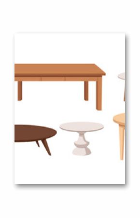 Tables set. Wooden, glass and plastic in round and rectangle shape, large and small size, for kitchen, dining and coffee, for interior design. Flat vector illustration isolated on white background