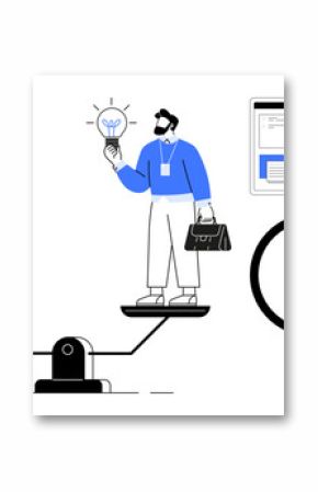 Two people stand on a balance scale, highlighting equality. One holds a light bulb symbolizing innovation, a magnifying glass signifies research, and a web page suggests productivity. Ideal