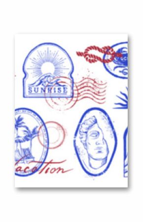 Summer travel postage stamp set, vector hand drawn engraving exotic tropical print, ocean typography. Postal beach vacation design, Italy coastal logotype, tourism sticker. Vintage ink summer stamp