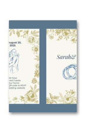 Toile de Jouy inspired wedding wedding invitation. Wedding hand dawn ceremony card. Elegant line art minimalist venue sketch. Elements for wedding, monogram, invitation, greeting, birthday card.