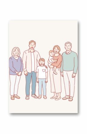 Happy big family portrait. Mom and dad, children and grandparents. Hand drawn style vector design illustrations.