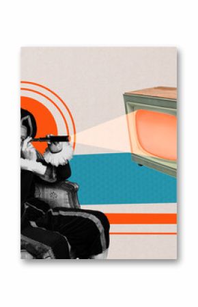 Composite photo collage design trend sketch of vintage aristocracy fashion opulence aged man sit armchair hold binoculars watch retro tv