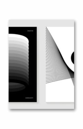 Abstract monochrome poster background vector set. Modern cover template with black and white perspective geometric prism shape, line. Ideal design for social media, banner, ads.