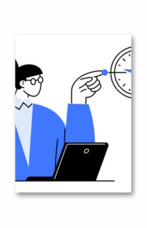 Person writing near laptop, clock for time management, AI robot showcasing automation, and a tablet for digital documentation. Ideal for productivity, technology, innovation, efficiency, work-life