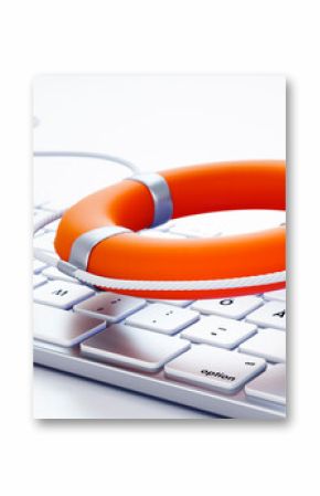 Closeup photo of orange colored lifebuoy on  white computer keyboard - 3D illustration