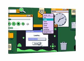 Retro y2k computer desktop interface - nostalgic internet windows of music player, clock widget, loading bars and pixelated icons for vintage web aesthetic, digital collage and millennium era design
