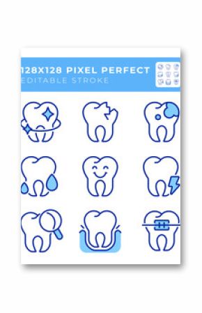 Dental service pixel perfect line color icons set. Cosmetic dentistry, stomatology. Teeth treatment, healthcare. Vector illustrations. Simple flat colorful symbols collection. Editable stroke