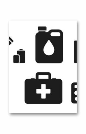 Emergency preparedness kit items silhouette collection