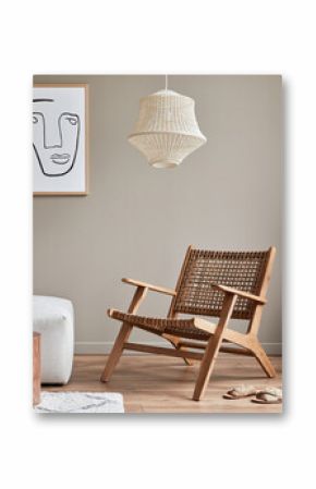 Modern concept of living room interior with design modular sofa, rattan armchair, dried flowers in vase, coffee table, decoration and elegant personal accessories in stylish home decor. Template.
