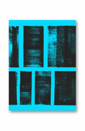 Linocut stamp texture collection. Grunge urban backgrounds set. Rough black ink roller textures. Hand drawn black paint stamp on bright blue bg. Street art distress overlay. Lino ink grungy remains.