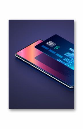 Virtual or Digital bank card over screen phone. Digital bank card isometric 3d. Mobile Banking technology. Online payment transaction via digital credit card. Internet digital bank technology.