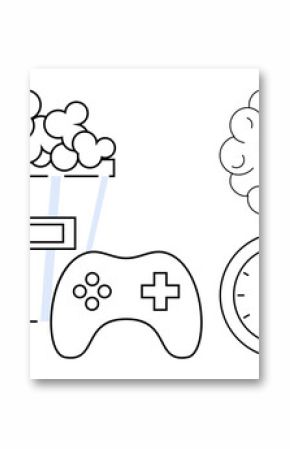 Popcorn bucket, gaming controller, brain with heart symbol, and clock highlight entertainment, relaxation, mental health, time management, creativity mindfulness and balance. Ideal for simple flat