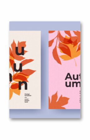 Set of trendy minimal autumn posters or covers with bright beautiful leaves and modern typography. Fall background, Sale banner, or flyer design. Template for advertising, web, social media