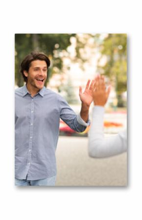 Opposite-Sex Friendship. Man Waving Hello Gesture Meeting Female Friend Walking Outdoors In Park. Selective Focus