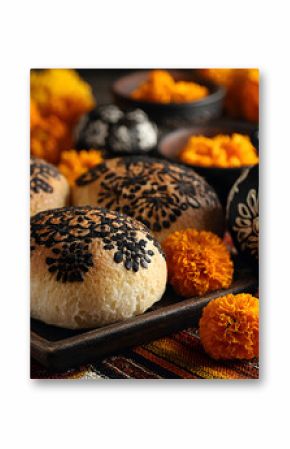 Spanish Mexican traditional holiday, autumn festivalDay of the Dead (dia de lo muertos) background. Withtraditional Pan de Muerto read, decorations and mariold and cempasuchil flower