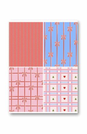 Set of 4 seamless Christmas patterns with cozy festive vibe. Includes candy stripes, bows, plaid gift boxes, and Scandinavian hearts with trees. Perfect for wrapping paper, textile design