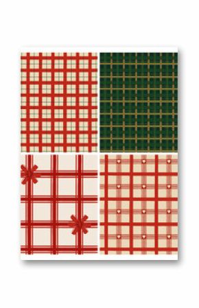 Set of seamless Christmas plaid patterns in cozy red, cream and green tones. Includes gift bow accents and heart details. Ideal for wrapping paper, fabric, scrapbooking and holiday crafts.