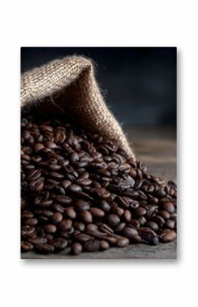 Roasted coffee beans spilling from a burlap sack onto a rustic wooden table illuminated by warm natural light creating an inviting and earthy