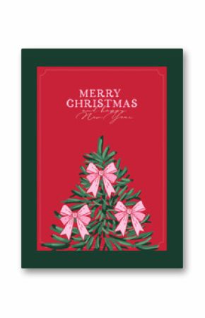 Whimsical Christmas greeting cards templates. Ink drawing Merry Christmas vintage banners set. Xmas design with fit tree with ribbons and bows. Minimalist vector illustration in coquette style.