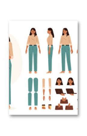 Casual young business woman holding laptop. Character constructor for animation. Front, side and back view set. Body parts, postures, poses collection. Vector illustration.