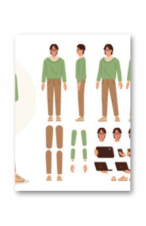 Casual young business man holding smartphone. Character constructor for animation. Front, side and back view set. Body parts, postures, poses collection. Vector illustration. 