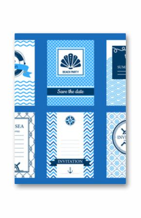 Marine nautical invites. Vector set of invitation templates featuring maritime symbols, patterns and text. Save the date and invitation layouts for summer parties, beach events, yacht club gatherings