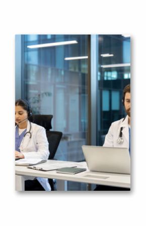 Doctors working with headset and laptop in modern clinic