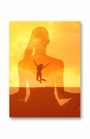 Meditation and Empowerment Double Exposure at Sunset, Woman meditating overlaid with a jumping joyful figure, creating a sense of freedom, mindfulness, and energy