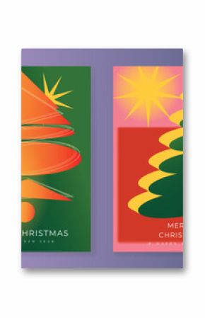 Christmas and Happy Holidays poster vector set. Modern new year card template with christmas tree, bauble on pink red and green gradient background. Design for cover, website, promotion, ads.