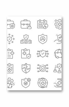 Clean outline insurance icon set covering protection, policy, claim, health, life, home, car, travel, security  editable line stroke vector collection