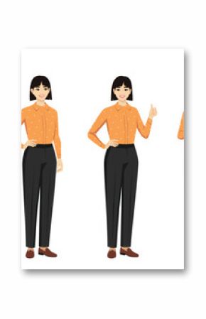 Business young woman with shirt hairstyle standing in half-turn pose with various gestures. Isolated vector illustrations set.