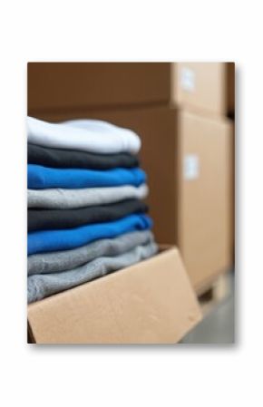 Neatly stacked assorted t-shirts in colors like blue, grey, black, white, sit inside cardboard box. Organized apparel pile within warehouse setting, surrounded by shelves, boxes, suggesting