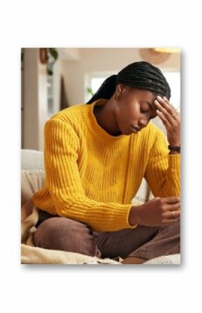Black woman, sofa or anxiety with stress for pregnancy test, doubt or regret in home. Female person, worry or concern with unplanned fertility, mistake or maternity stick for negative result in house