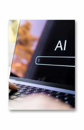 AI generate content with prompt in laptop. Text or image generator at work using computer. Search with artificial intelligence. Create virtual digital photo with technology.