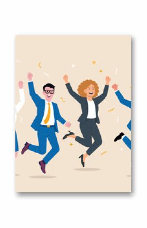 Happy business character people office team. Cartoon happy business person jump flat employee success joy illustration.