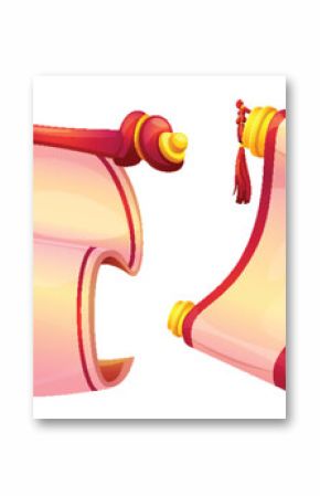 Ancient Chinese scroll set - red golden royal paper rolls with knots, tassels and traditional ornamental patterns. Isolated blank parchment sheets curled at edges, old manuscript banners or posters.