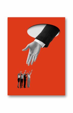 Bold colorful poster. Giant helping hand reaching down to business people on red background. Concept of leadership, teamwork, guidance, mentorship, corporate support, and emotional trust.