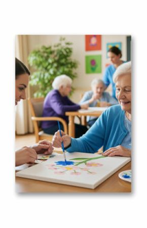 A caring young nurse or caregiver assists a happy senior woman as they paint a colorful picture together. 