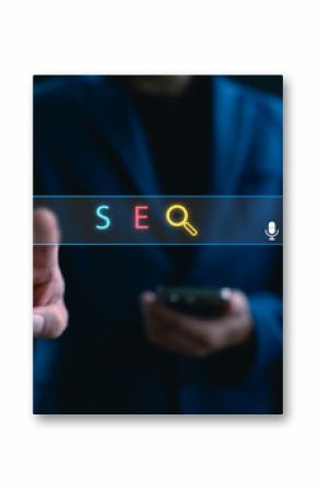 Businessman using AI-powered SEO search engine optimization tool on virtual interface, representing digital marketing strategy, website ranking, and online visibility.