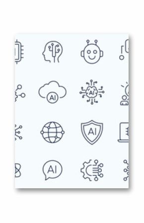 Artificial intelligence icon set, line style. Machine Learning, AI, Brain, Robot, Bot, Innovation and AI technology icons minimal thin line web icon set. Outline icons collection. Vector illustration