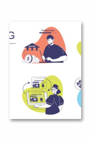 Online banking concept set for web design. Collection with people managing financial account and money at credit cards, making deposits, transferring and exchange currency in app. Vector illustration.