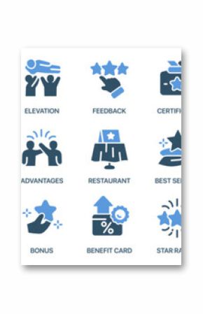 Loyalty and benefits fill icon collection. Set of icons showing VIP privileges, discounts, awards, and exclusive services for customers