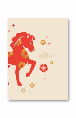 Chinese banner, Happy New Year 2026 poster. Red Horse silhouette icon, flowers, asian clouds on white background. Vector illustration. China lunar calendar animal symbol. Place for text
