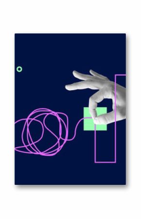 Hand pulling tangled line into order. Concept of solving complexity, problem-solving, and digital organization. Minimalist art collage