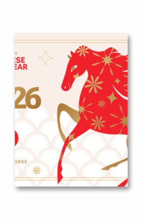 Chinese New Year 2026 modern art design in red, gold and white colors for cover, card, poster, banner with trendy geometric pattern. Translation of hieroglyphs: Happy New Year of the Horse.