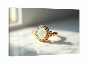 Opal gem encircled with diamonds in ring on marble table. Golden jewelry sparkles in soft light. Fashionable engagement ring with precious stone closeup shot. Luxury gift for woman. Fine art