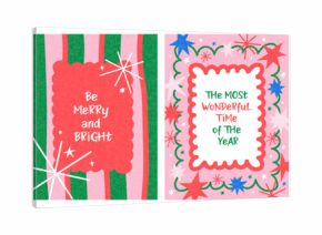 Merry Christmas and Happy New Year greeting card, banner, poster, cover templates. Modern bright Xmas design with doodle elements, frames, stripes and checkered pattern, waves, snowflakes, stars.