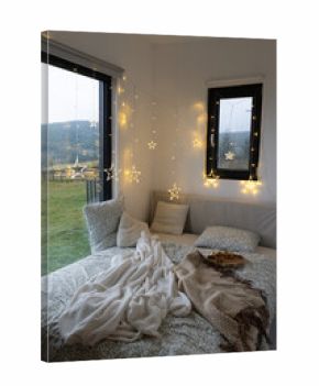 cozy bedroom detail and Christmas lights
