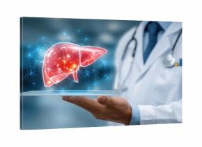 Physician with liver replica and device Liver cancer tumors jaundice hepatitis types A E cirrhosis failure enlargement hepatic encephalopathy abdominal fluid and health issues