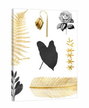 Hand drawn png leaf flower metallic golden black vintage sticker set